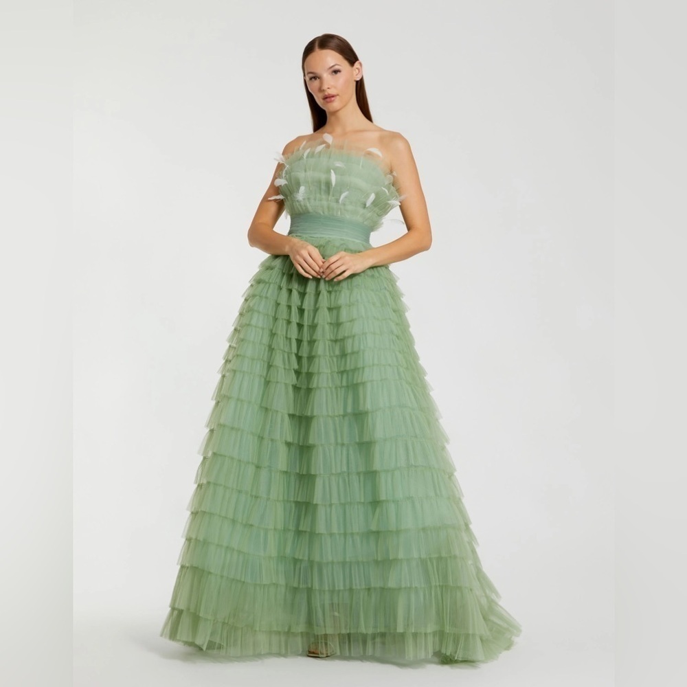 Mac Duggal 20530 NWT Strapless Ruffle Gown with Feathers in Sage